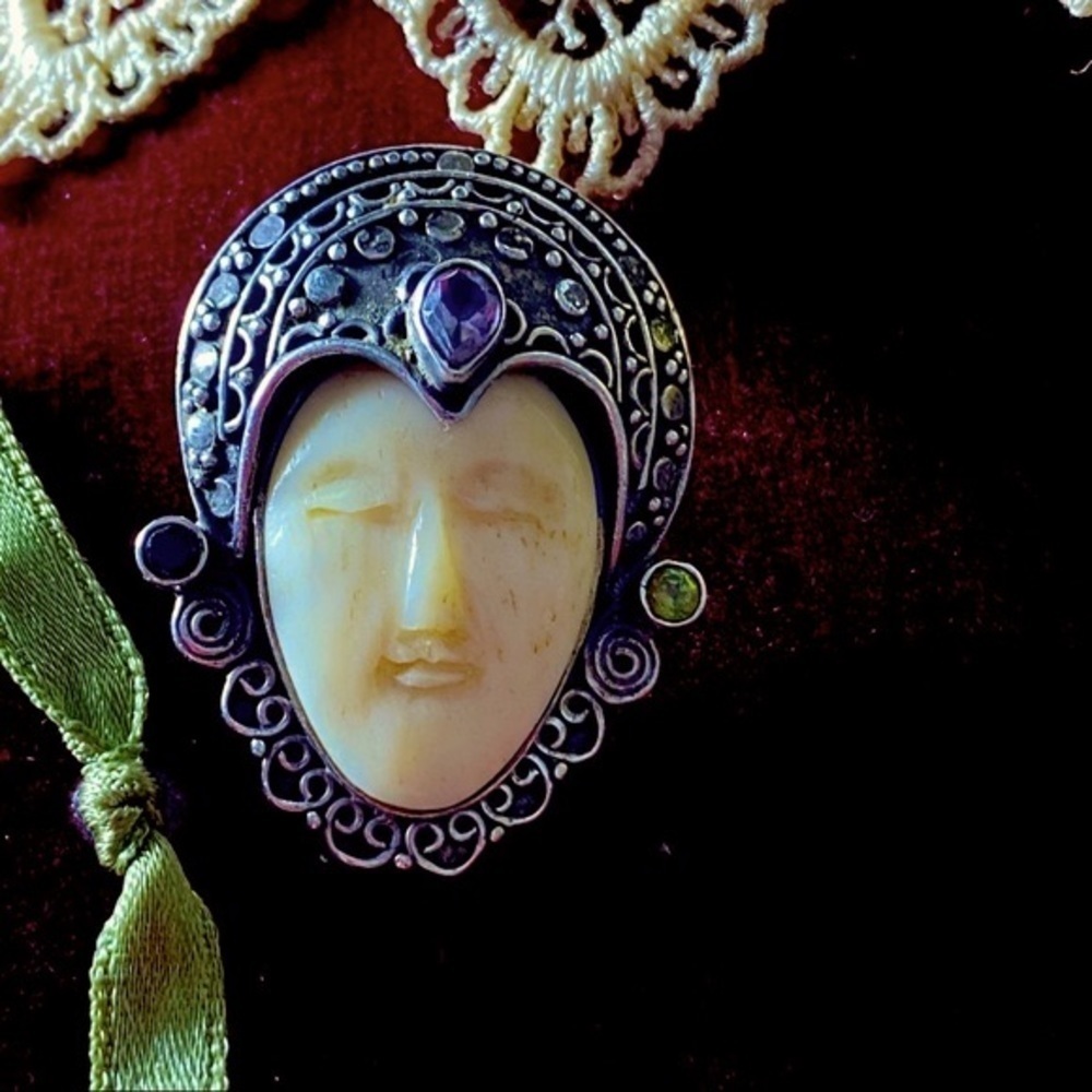 Sterling Silver BALI Goddess FLAPPER FACE GEMSTONE SLIDE PENDANT